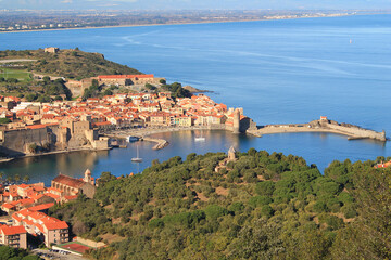 The amazing aerial view over Collioure from Fort Saint Elme, Vermeille coast, France