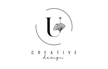 Letter U logo design with uppercase, leaf detail and circle frame. Vector Illustration with Botanical elements.
