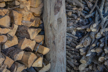 Cut wood of different sizes stored for use as firewood in the winter.