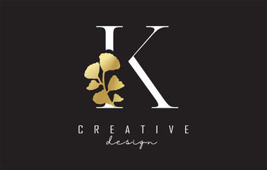 Creative white K Letter logo design with golden leaves. Vector Illustration with with Botanical elements. Nature vector template design concept with K letter.