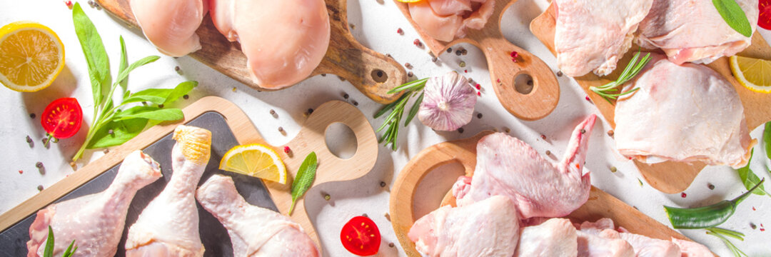 Various raw chicken meat portions. Set of uncooked chicken fillet, thigh, wings, strips and legs on white cooking table background with spices