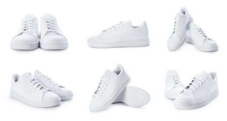Stylish sneakers isolated on white background. Set of white sport shoes - obrazy, fototapety, plakaty