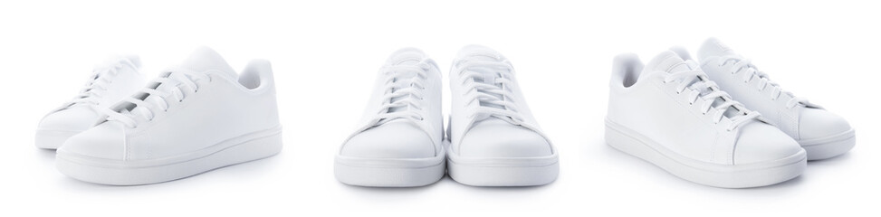 Stylish sneakers isolated on white background. Set of white sport shoes - obrazy, fototapety, plakaty