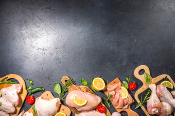 Various raw chicken meat portions. Set of uncooked chicken fillet, thigh, wings, strips and legs on black cooking table background with spices