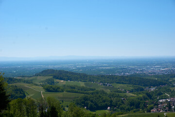 beautiful panorama shot of green meadows, forests, vineyards and blue sky in sasbachwalden 