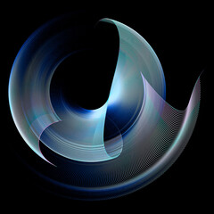 Blue transparent wavy elements are stacked on top of each other and rotated against a black background. Graphic design element. Logo, sign, icon, symbol. 3d rendering. 3d illustration.