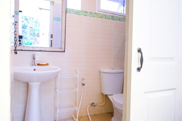 Obraz premium Toilet bowl in a modern bathroom ,flush toilet clean bathroom