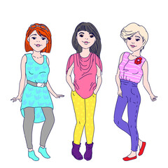 Set of three fashion girls, isolated on white, vector illustration