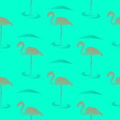 Seamless pattern with flamingo standing in water, stipple effect, vector illustration