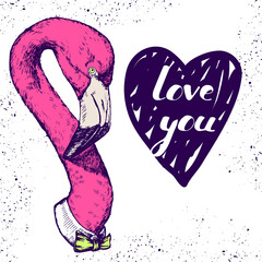Love you quote in blue heart, hand drawn pink flamingo portrait, vector illustration	
