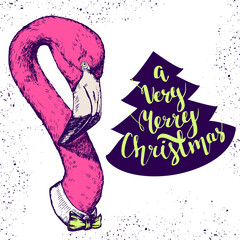Hand drawn flamingo head with words a very merry Christmas, vector illustration