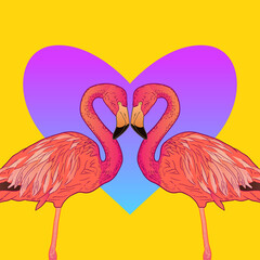 Two pink flamingo with heart in love, design template for greeting card, valentine day