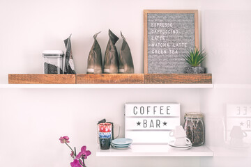 Coffee shop menu sign on wall shelves hipster trendy store for espresso shots. Felt letter board...