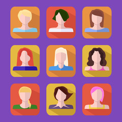 Avatar icons with female faces, flat style, vector illustration