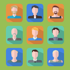 Avatar icons with male faces, flat style, vector illustration