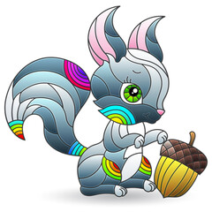 Illustration in the style of a stained glass window by a cute cartoon squirrel, an animal isolated on a white background
