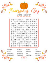 Thanksgiving Day word search puzzle. Logic game for learning English words. Holiday festive crossword. Printable activity sheet. Vector illustration. Worksheet about autumn 