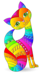 Stained glass style illustration with a bright rainbow cat, an animal isolated on a white background