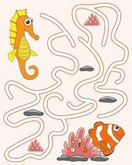 Help the sea horse find the pathway to his friend fish. Logic Game for kids. Entry and exit. Labyrinth with answer. Educational maze game with cute character fish. Vector cartoon style illustration.