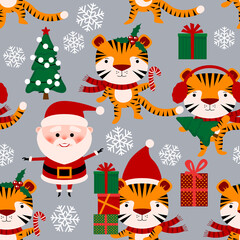 Seamless pattern with Santa Claus, tiger, gift box, Christmas tree. 2022 seamless holiday background. New year design. 2022 year of the tiger. Seamless pattern with Christmas symbols. Tiger 2022