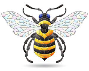 Stained glass-style illustration with an abstract  bee, an animal isolated on a white background