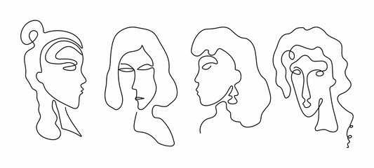 Girls, women set of icons drawn by one line. Line art style. Abstract Female profile and silhouette.Vector graphics. Isolated background.