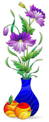 Illustration in the style of a stained glass window with a floral still life, a vase of flowers isolated on a white background
