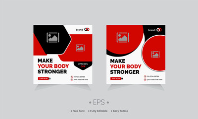 Make your body stronger social media post template Fitness Gym web banner design