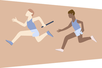 Fototapeta na wymiar Athletes passing over the baton while running on the track. Men practicing relay race on racetrack. Side view. Isolated vector illustration