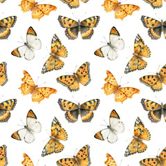 Watercolor seamless pattern with bright orange butterflies on white background.