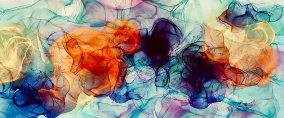 Coloured abstract smoke background, hand drawn art with alcohol ink technique, liquid texture with dense colours