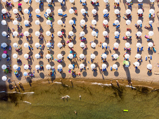 Summer background. Sun umbrellas, sunbeds on sand beach, drone aerial view from above. Sunny Beach in Bulgaria. Summer holidays in Europe during quarantine.
