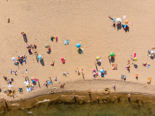 Summer background. Aerial view of the sand beach of Sunny Beach in Bulgaria. Summer holidays in Europe during quarantine. Aerial photography, drone view.