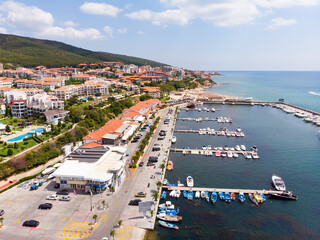 Panoramic aerial view of the sea port of Sveti Vlas in Bulgaria. Summer holiday in Europe. Aerial photography, drone view.
