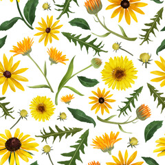 Fototapeta na wymiar Blooming midsummer meadow seamless pattern. Realistic floral background for fashion, wallpapers, print. 