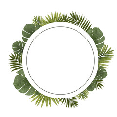 Hand drawn wreath with exotic tropical leaves isolated on white background. Spring summer decor frame. Design element for invitations, greeting cards, cosmetic and other.