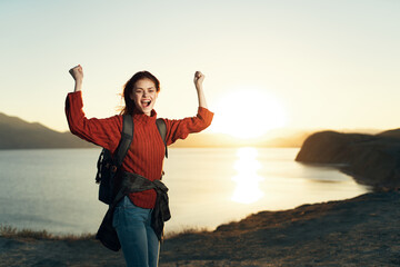 Fototapeta na wymiar woman with backpack hiking travel landscape vacation freedom