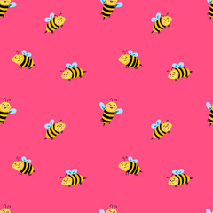 Vector seamless pattern with cute cartoon bees on a pink background. Children's illustration for postcards, pajamas, fabrics