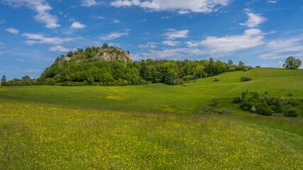 Landscape with the summit of the mountain Hohentwiel near Singen in Germany.