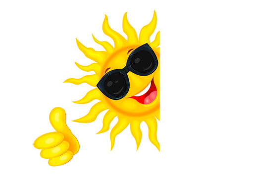 Sun with glasses and everything is fine.Cheerful cartoon sun in goggles from the sun. Sun on a white background. Smiling sun and a hand with a raised thumb up. All right 