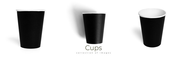 Black disposable cup isolated on a white background. Paper cup. Coffee cup.