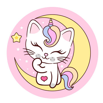 The cat unicorn sits on a crescent moon. Cute fantasy animal. Children's illustration. For the design of prints, posters, stickers, postcards, cards, banners, etc. Vector