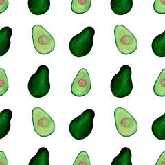 Gouache hand painted Pattern with Green Avocado on a white background. Vegan food.