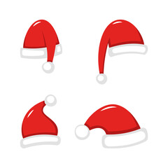 Set of red Santa Claus hats. Red New Year s headdress in a flat style isolated on a white background