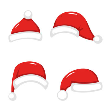 Set of red Santa Claus hats. Red New Year s headdress in a flat style isolated on a white background