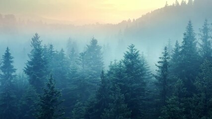 Flying through the clouds above mountain tops. Misty mountain forest covered by the dense fog. - Powered by Adobe