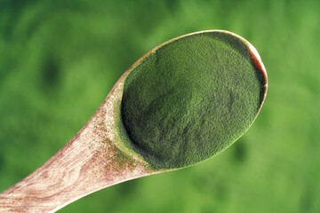 Top view of green chlorella algae powder