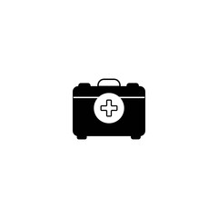 First aid kit with cross bold black silhouette icon isolated on white. Medical case, hospital bag for emergency and survival situations pictogram. Primary care box vector element for infographic, web.