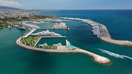 Aerial drone photo of luxury yachts and sail boats anchored in famous port and marina of Faliro or...