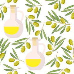 Seamless pattern with olives Branch and oil bottle. Berry, green leaves with yellow liquid vessel. Flat design for natural organic cosmetic, soap, oil. For wallpaper, textile, wrapping, scrapbooking